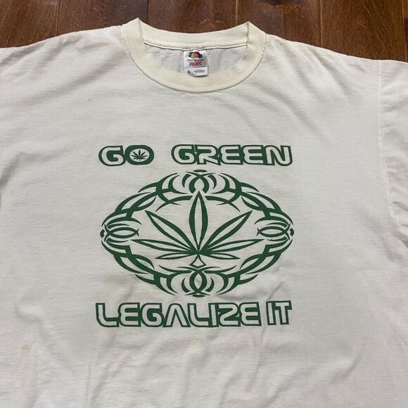 Fruit Of The Loom Legalize It Go Green Leaf White Green T-Shirt Men's Size XL - Picture 2 of 7